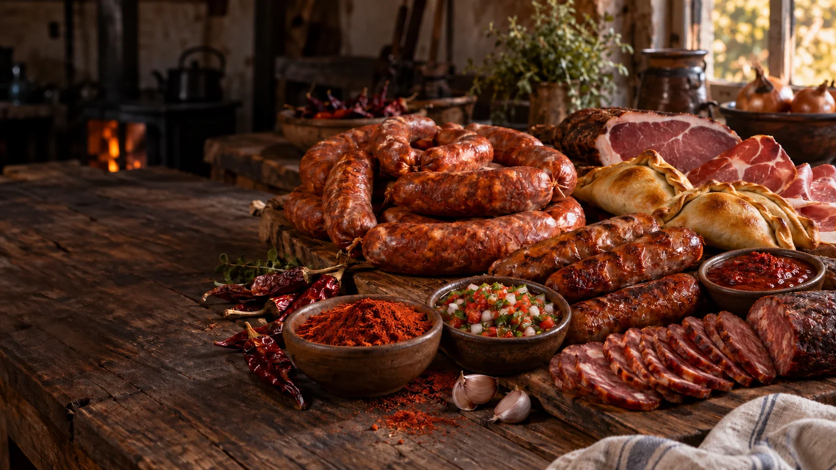 Longanizas, cecinas, empanadas, paprika, pebre y adobo sobre una mesa de madera