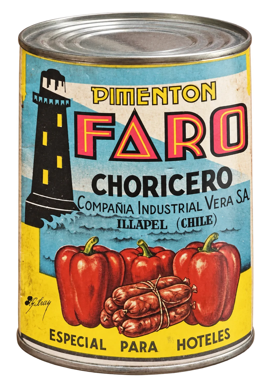 Restauración digital del tarro histórico de Pimentón Faro Choricero con el faro y pimentones