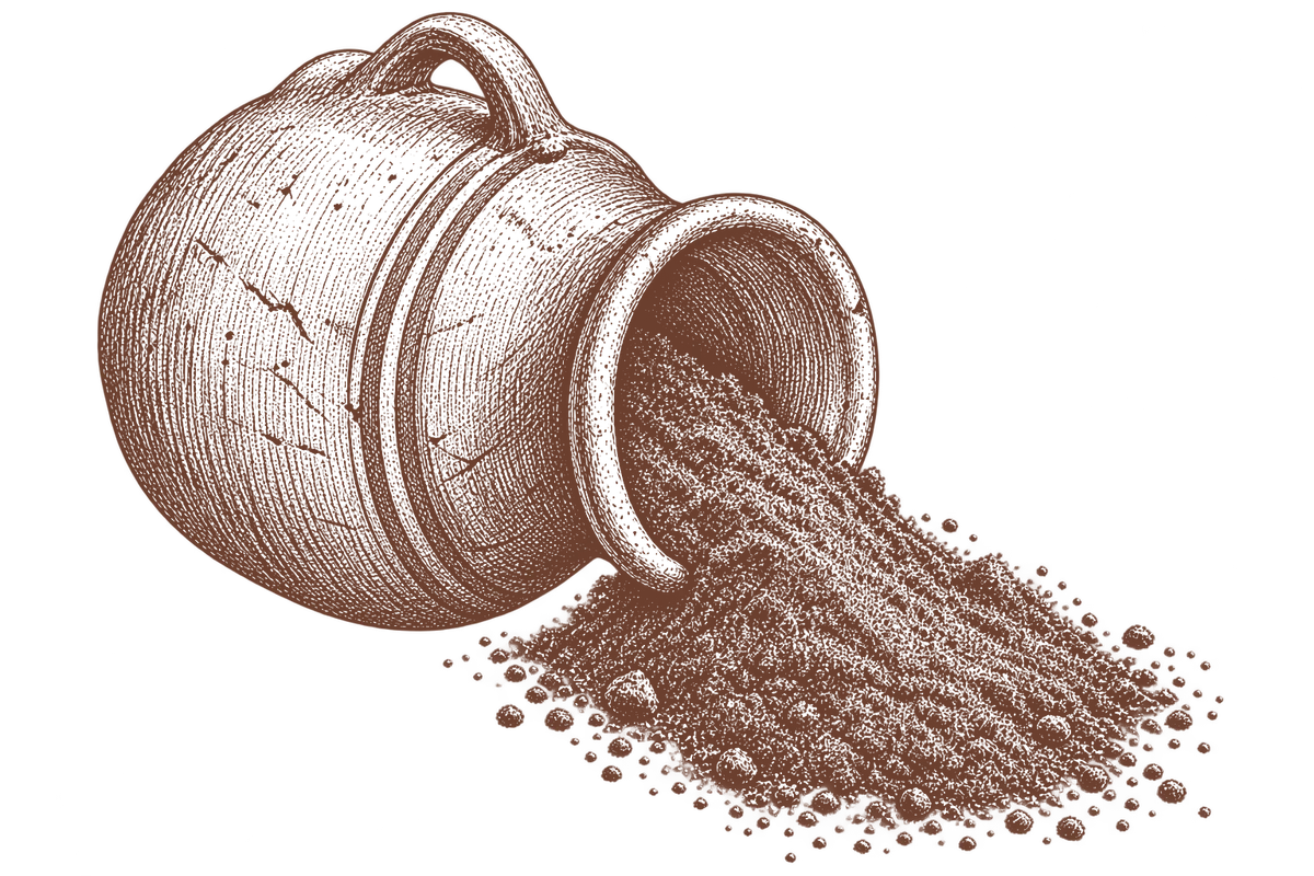 Ilustración sepia de un cántaro de greda volcado con paprika derramada