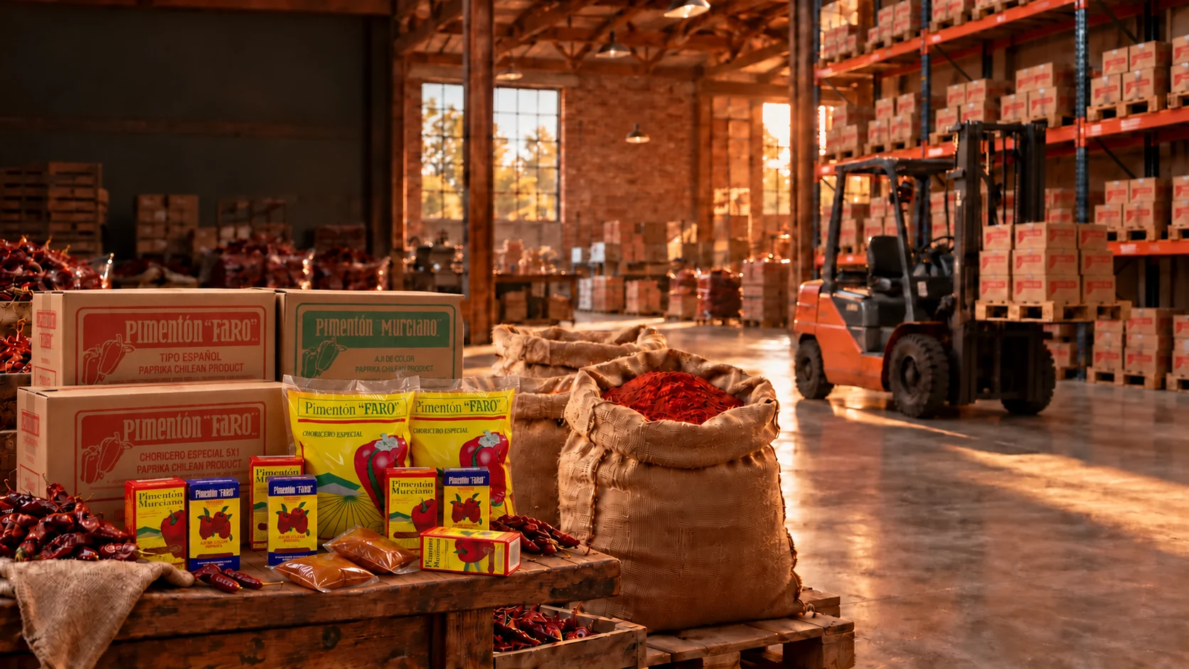Bodega editorial con cajas Faro 50×100 g y 5×1 kg, envases Español y Murciano de 100 g, bolsas Choricero Especial de 1 kg y bolsas transparentes de paprika