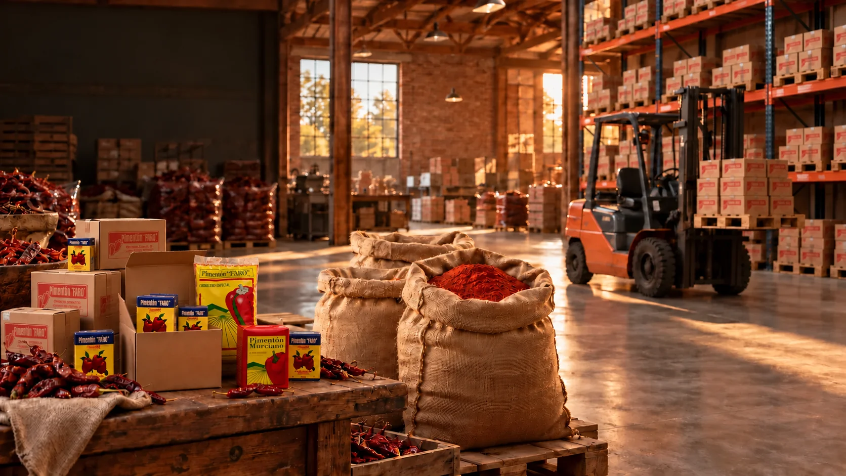 Escena editorial de abastecimiento con cajas Faro compactas, bolsa Choricero Especial, caja Murciano, sacos de paprika y grúa horquilla